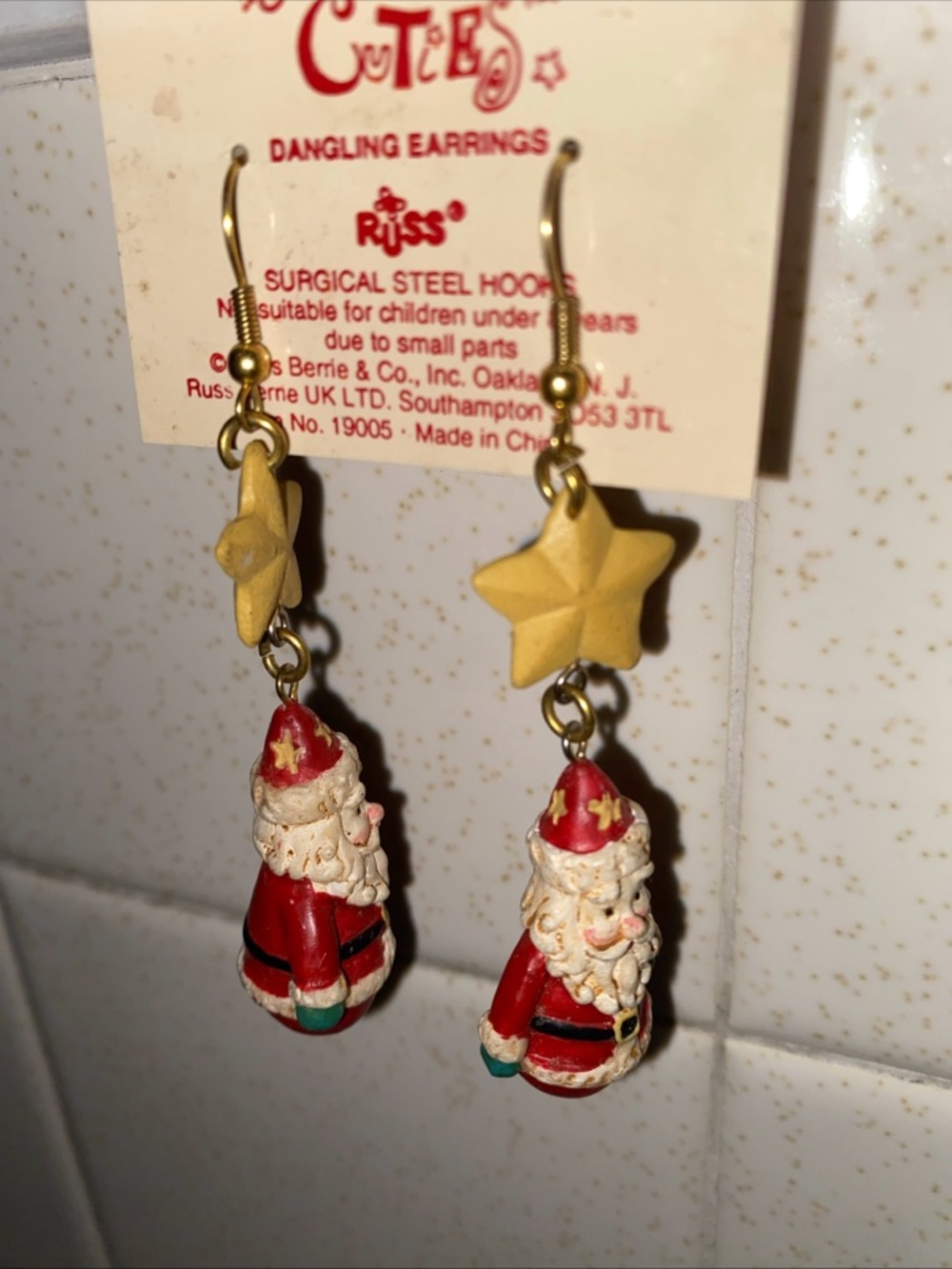 VTG Russ Kringle Cuties Dangle Earrings Surgical Steel Hooks Santa Claus